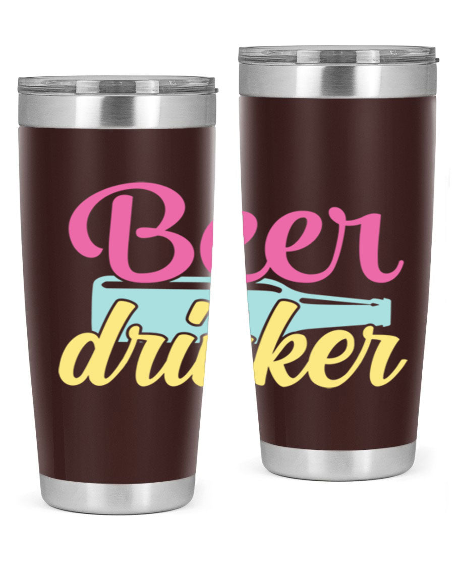 Beer Drinker 134# Tumbler in stainless steel with a drink-thru lid, showcasing its sleek design and double wall insulation.