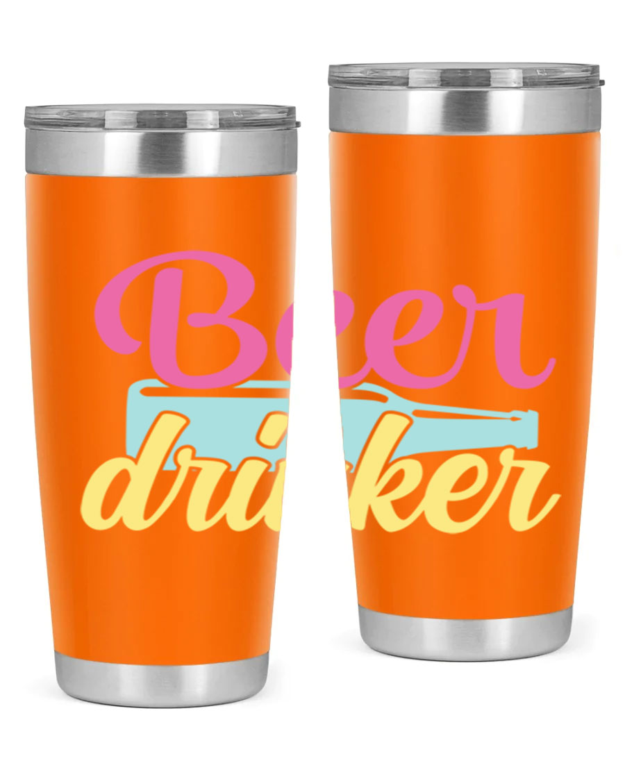 Beer Drinker 134# Tumbler in stainless steel with a drink-thru lid, showcasing its sleek design and double wall insulation.