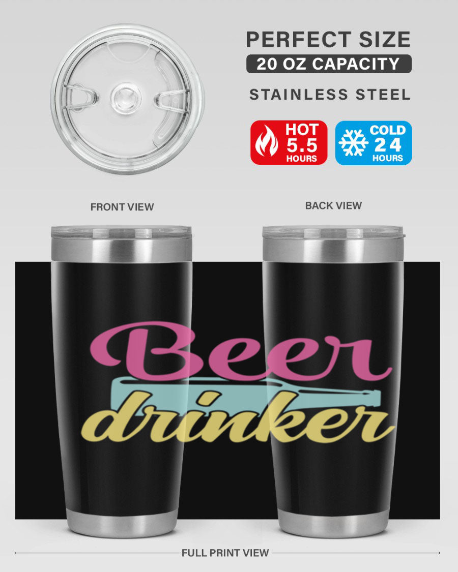Beer Drinker 134# Tumbler in stainless steel with a drink-thru lid, showcasing its sleek design and double wall insulation.