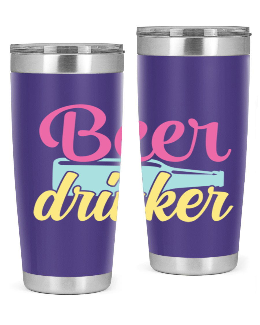 Beer Drinker 134# Tumbler in stainless steel with a drink-thru lid, showcasing its sleek design and double wall insulation.