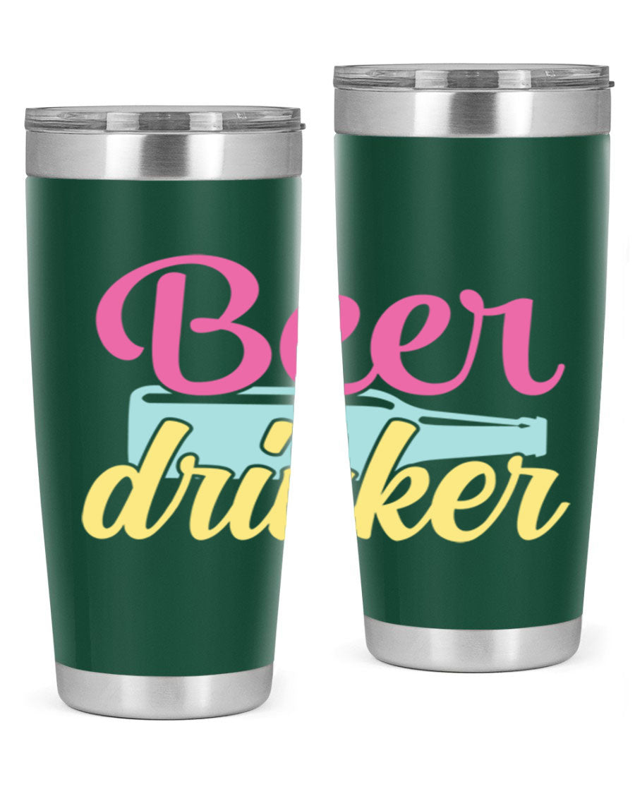 Beer Drinker 134# Tumbler in stainless steel with a drink-thru lid, showcasing its sleek design and double wall insulation.