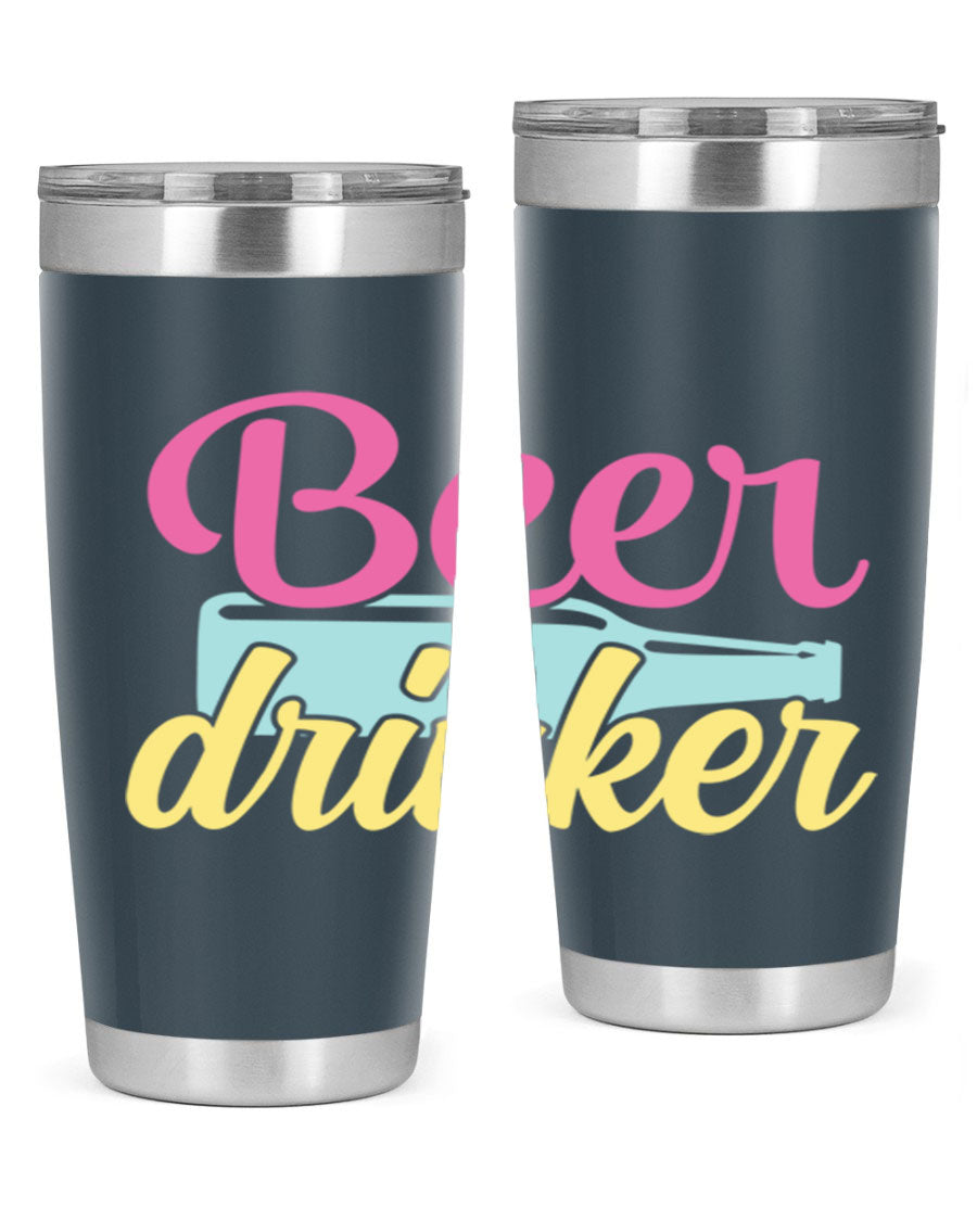 Beer Drinker 134# Tumbler in stainless steel with a drink-thru lid, showcasing its sleek design and double wall insulation.