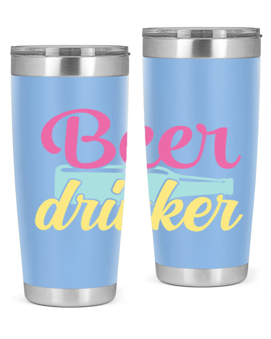 Beer Drinker 134# Tumbler in stainless steel with a drink-thru lid, showcasing its sleek design and double wall insulation.