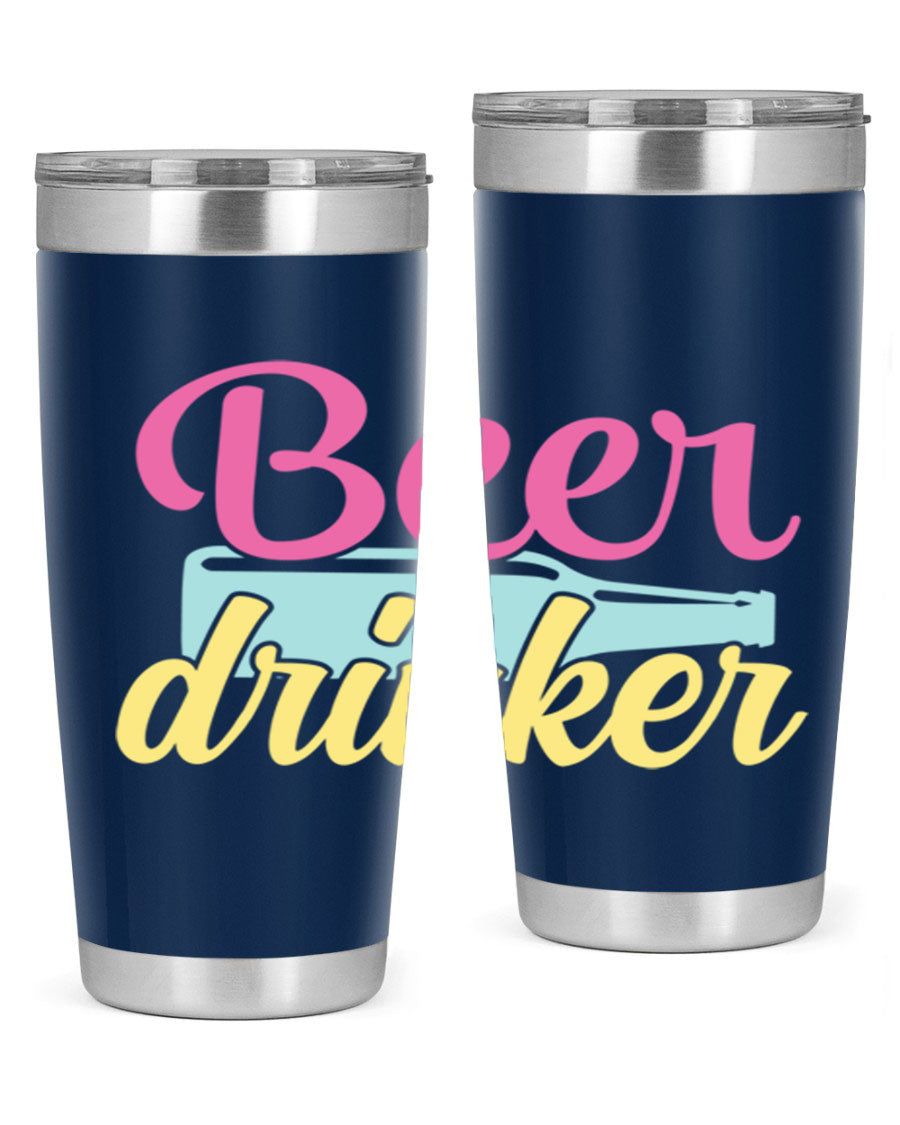 Beer Drinker 134# Tumbler in stainless steel with a drink-thru lid, showcasing its sleek design and double wall insulation.
