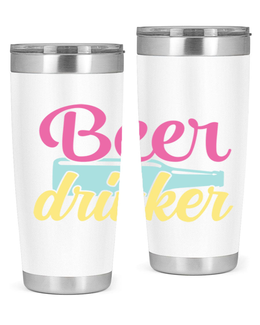 Beer Drinker 134# Tumbler in stainless steel with a drink-thru lid, showcasing its sleek design and double wall insulation.