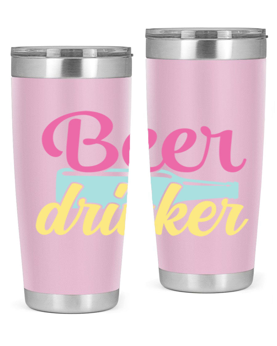 Beer Drinker 134# Tumbler in stainless steel with a drink-thru lid, showcasing its sleek design and double wall insulation.