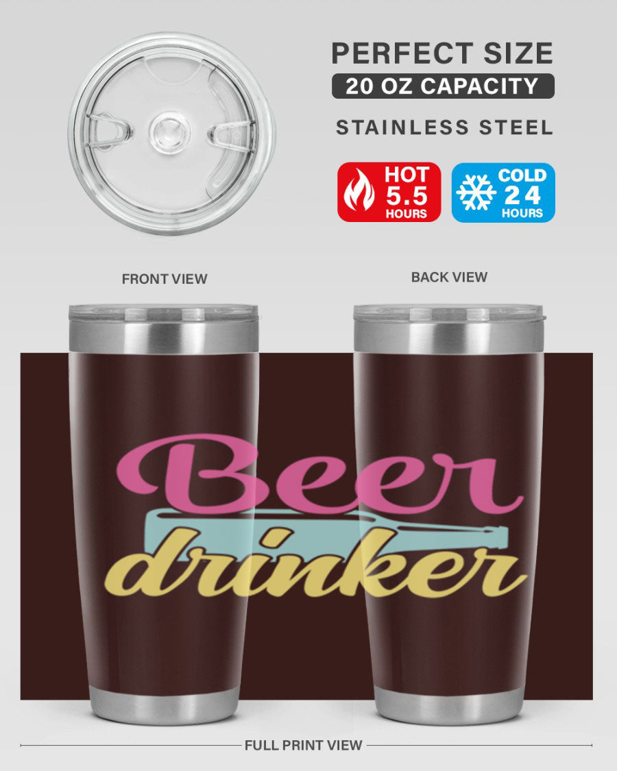 Beer Drinker 134# Tumbler in stainless steel with a drink-thru lid, showcasing its sleek design and double wall insulation.