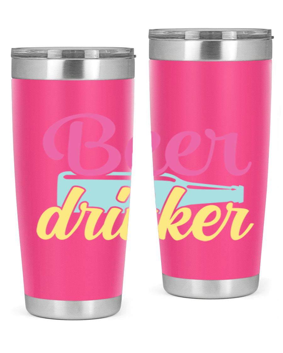 Beer Drinker 134# Tumbler in stainless steel with a drink-thru lid, showcasing its sleek design and double wall insulation.