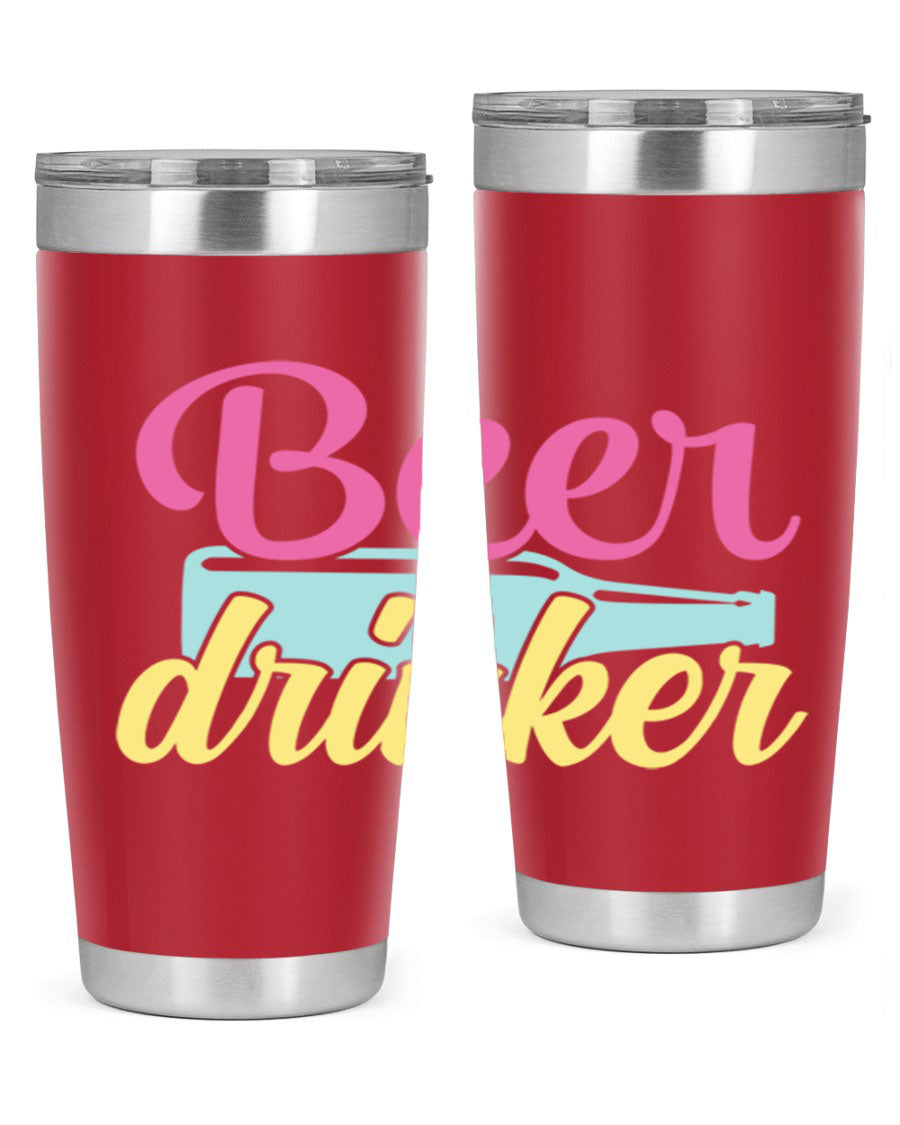 Beer Drinker 134# Tumbler in stainless steel with a drink-thru lid, showcasing its sleek design and double wall insulation.
