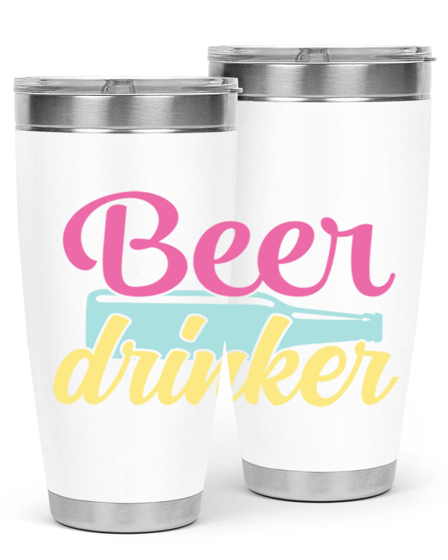 Beer Drinker 134# Tumbler in stainless steel with a drink-thru lid, showcasing its sleek design and double wall insulation.