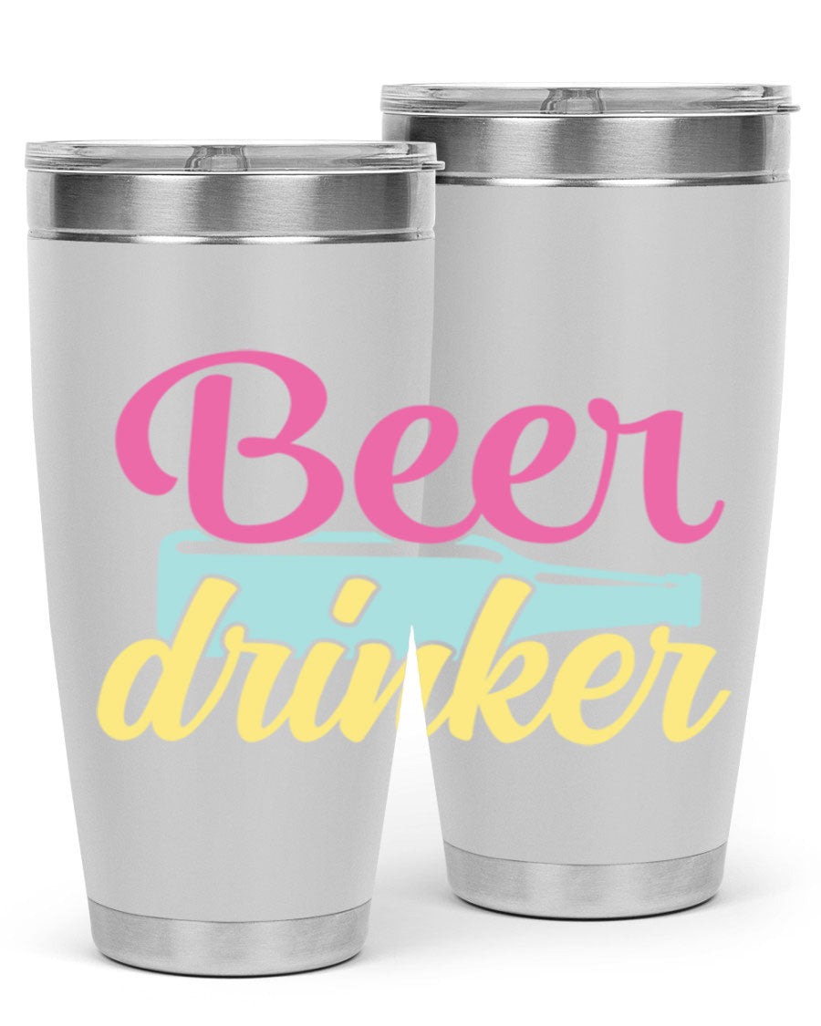 Beer Drinker 134# Tumbler in stainless steel with a drink-thru lid, showcasing its sleek design and double wall insulation.