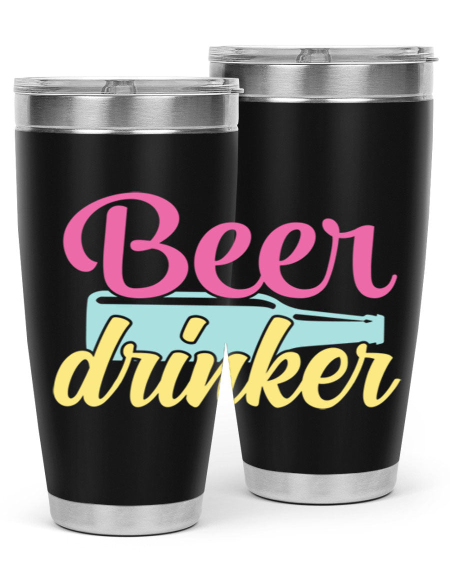 Beer Drinker 134# Tumbler in stainless steel with a drink-thru lid, showcasing its sleek design and double wall insulation.