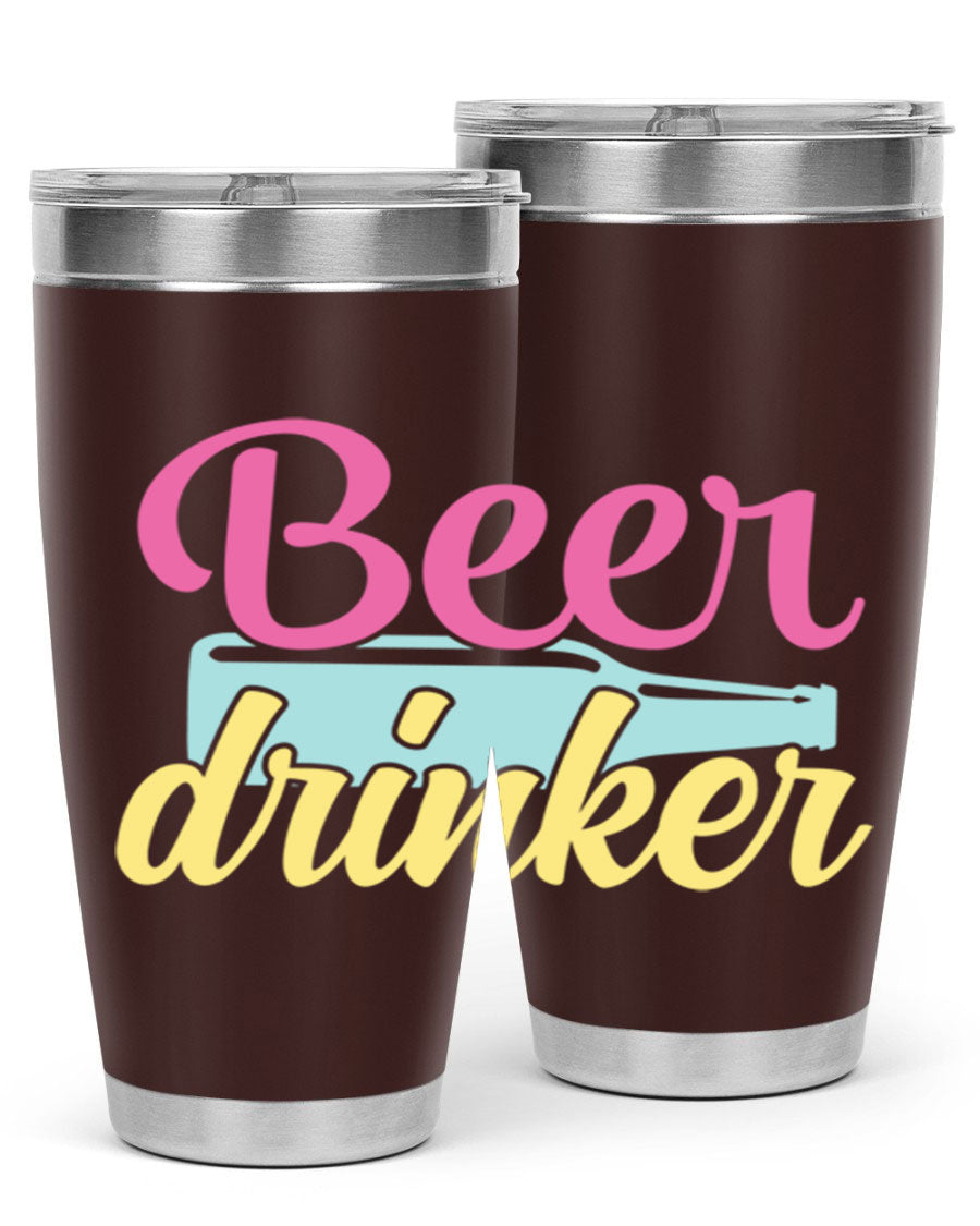 Beer Drinker 134# Tumbler in stainless steel with a drink-thru lid, showcasing its sleek design and double wall insulation.