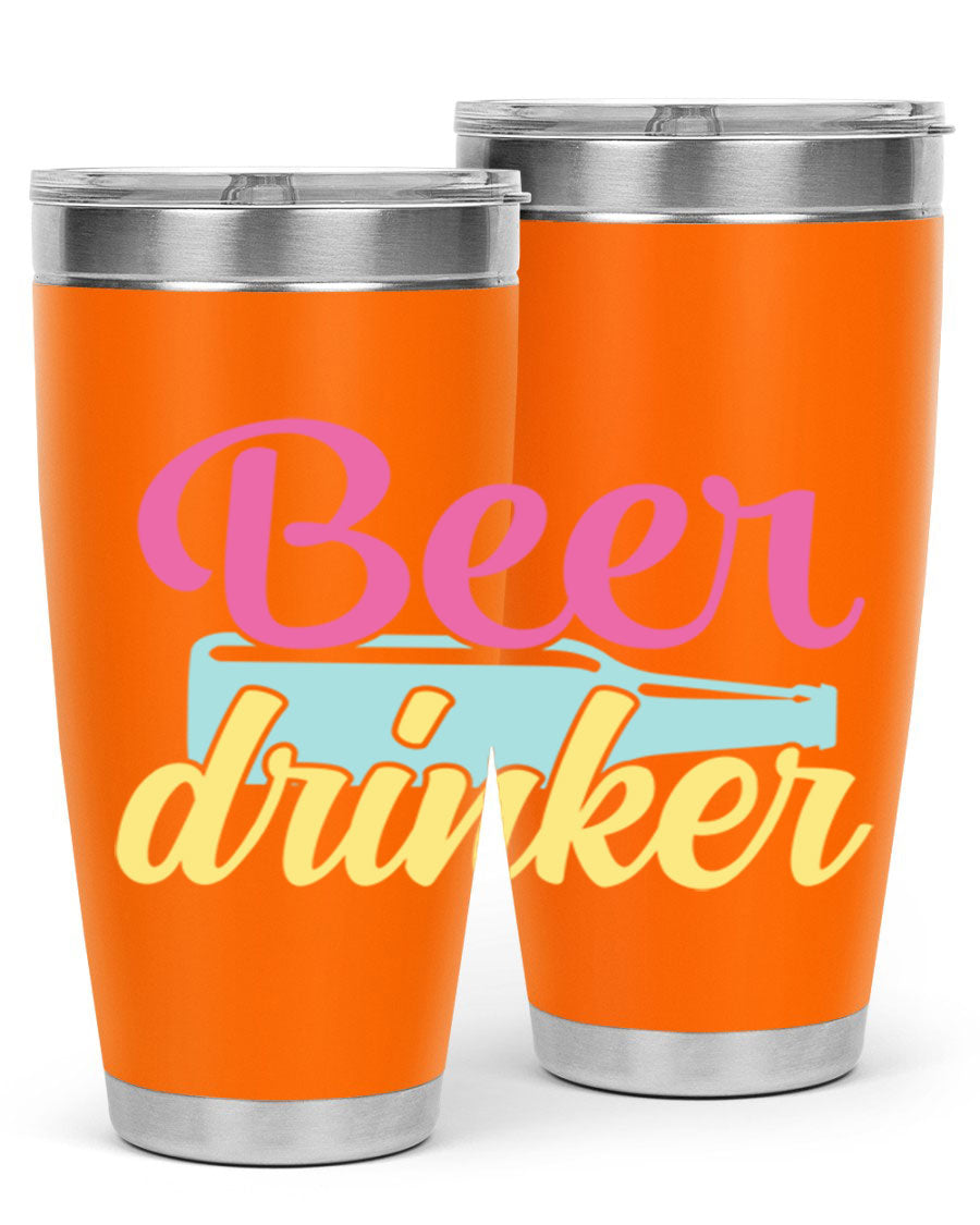 Beer Drinker 134# Tumbler in stainless steel with a drink-thru lid, showcasing its sleek design and double wall insulation.
