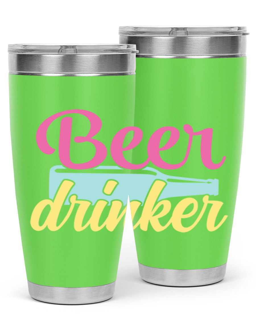 Beer Drinker 134# Tumbler in stainless steel with a drink-thru lid, showcasing its sleek design and double wall insulation.