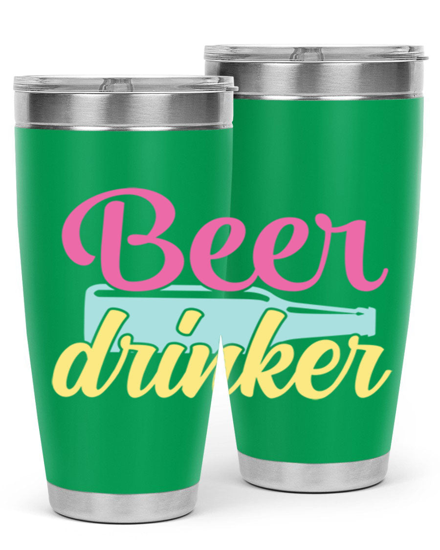 Beer Drinker 134# Tumbler in stainless steel with a drink-thru lid, showcasing its sleek design and double wall insulation.