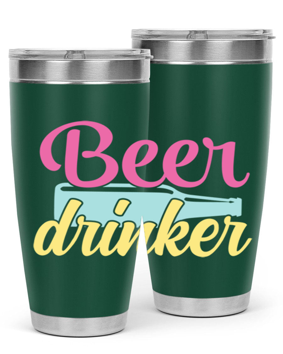 Beer Drinker 134# Tumbler in stainless steel with a drink-thru lid, showcasing its sleek design and double wall insulation.