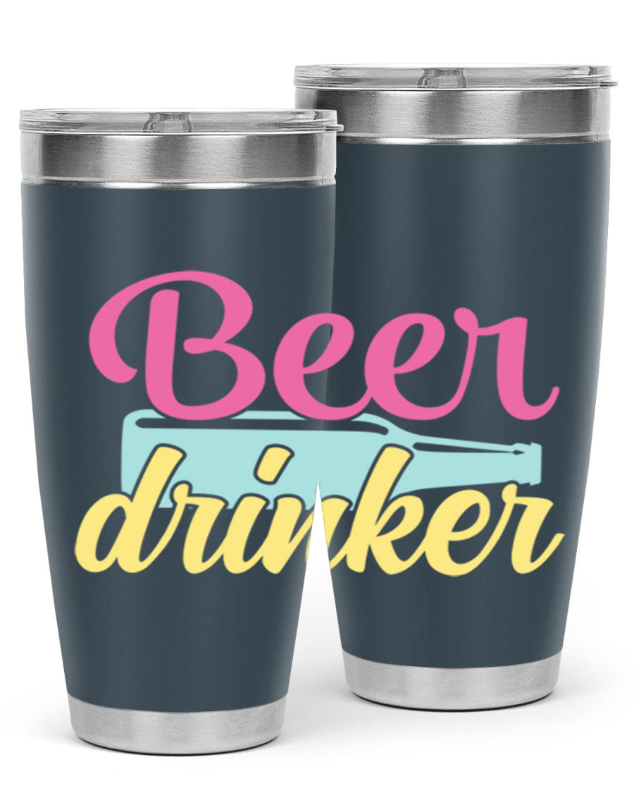 Beer Drinker 134# Tumbler in stainless steel with a drink-thru lid, showcasing its sleek design and double wall insulation.