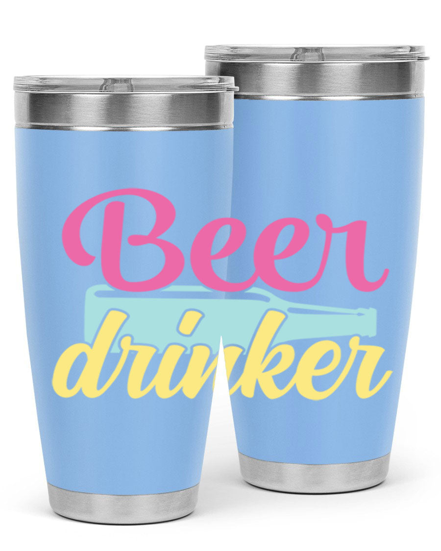 Beer Drinker 134# Tumbler in stainless steel with a drink-thru lid, showcasing its sleek design and double wall insulation.