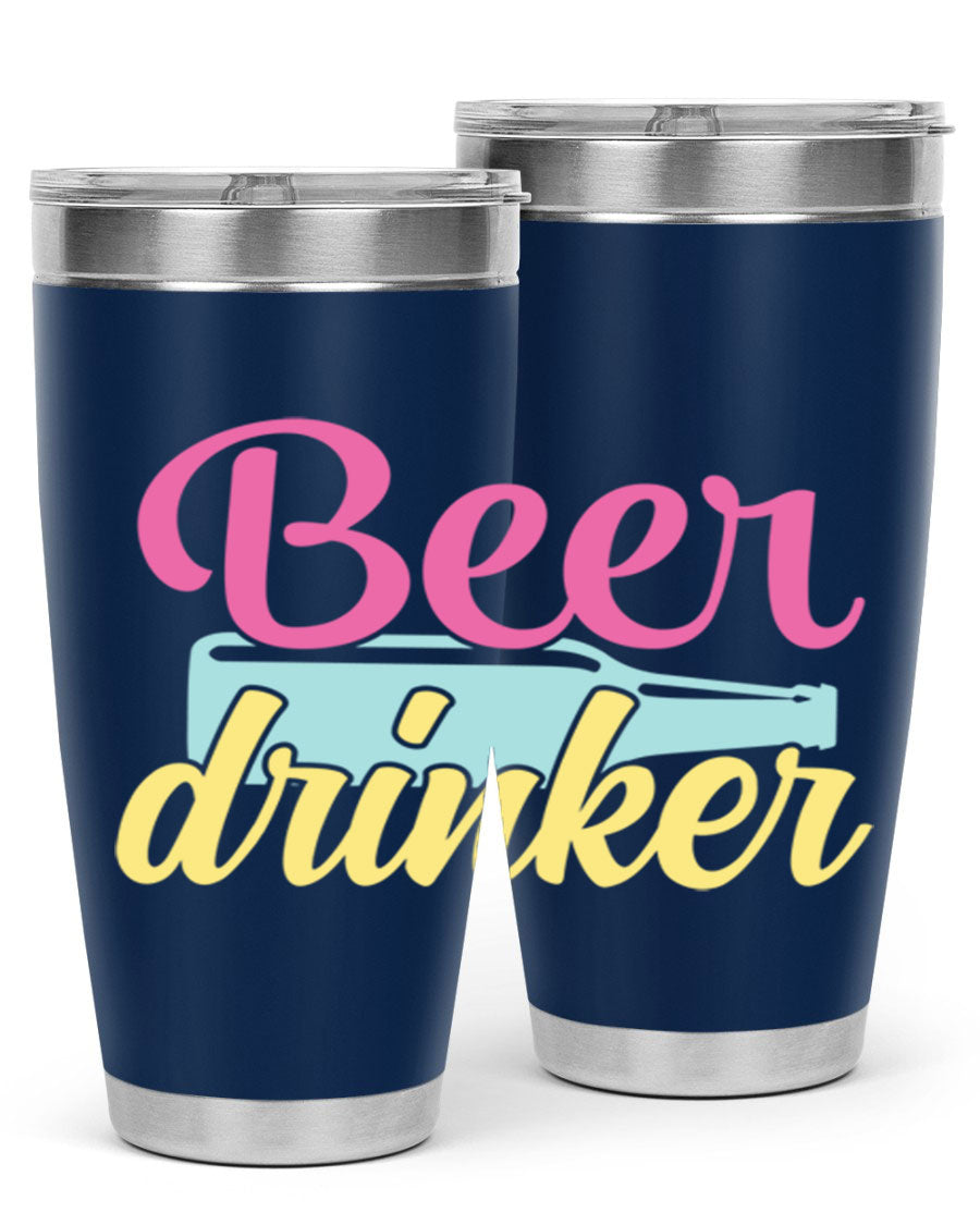 Beer Drinker 134# Tumbler in stainless steel with a drink-thru lid, showcasing its sleek design and double wall insulation.