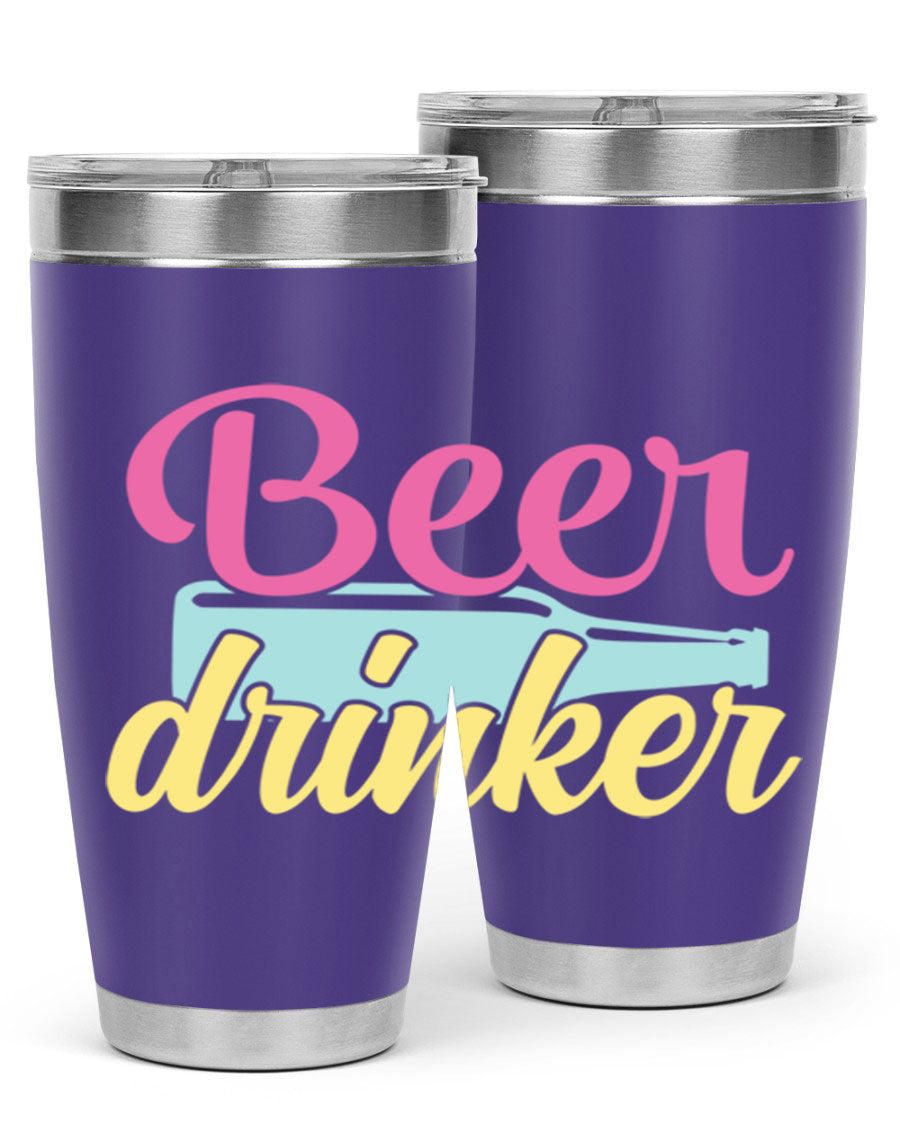 Beer Drinker 134# Tumbler in stainless steel with a drink-thru lid, showcasing its sleek design and double wall insulation.