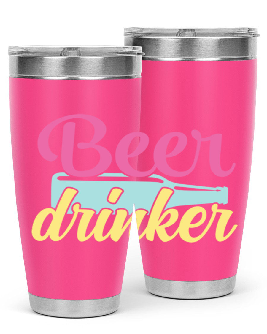 Beer Drinker 134# Tumbler in stainless steel with a drink-thru lid, showcasing its sleek design and double wall insulation.