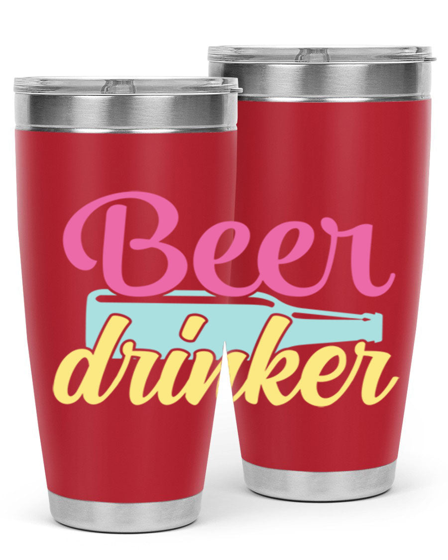 Beer Drinker 134# Tumbler in stainless steel with a drink-thru lid, showcasing its sleek design and double wall insulation.