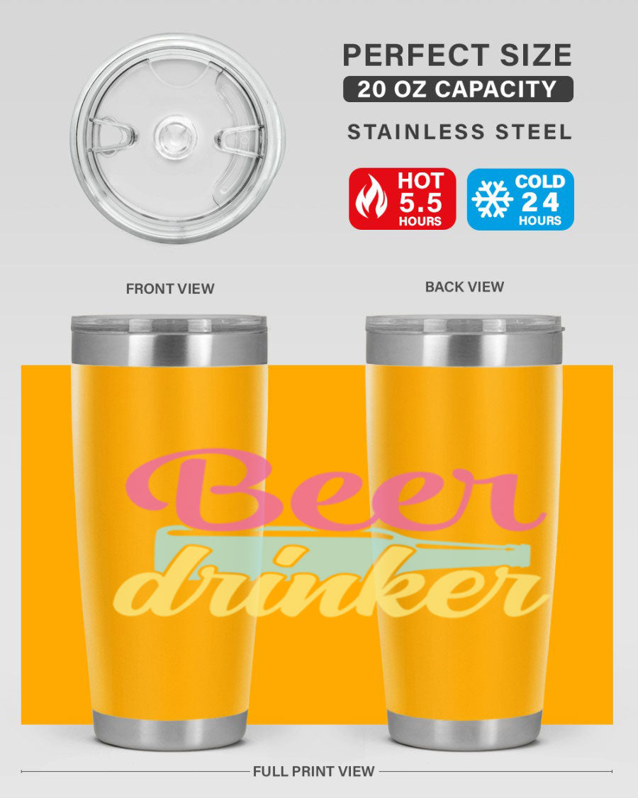 Beer Drinker 134# Tumbler in stainless steel with a drink-thru lid, showcasing its sleek design and double wall insulation.