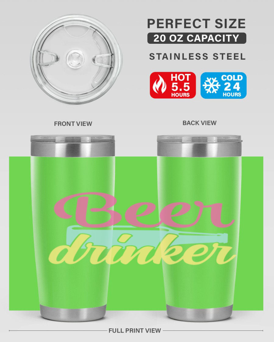 Beer Drinker 134# Tumbler in stainless steel with a drink-thru lid, showcasing its sleek design and double wall insulation.