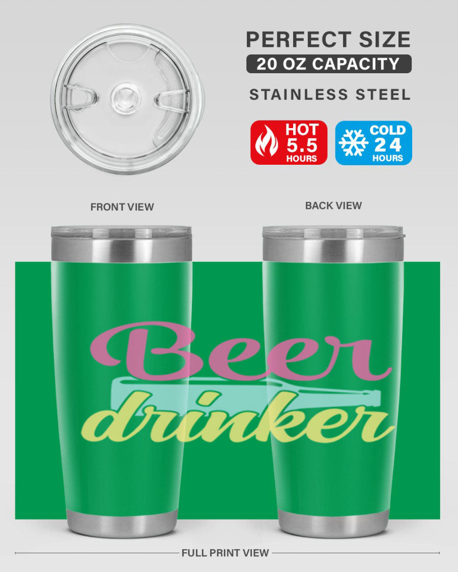 Beer Drinker 134# Tumbler in stainless steel with a drink-thru lid, showcasing its sleek design and double wall insulation.