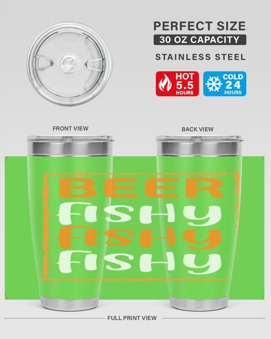 Beer Fishy Fishy Fishy 152# Tumbler, a double wall vacuum stainless steel tumbler with a drink-thru lid, perfect for hot and cold beverages.