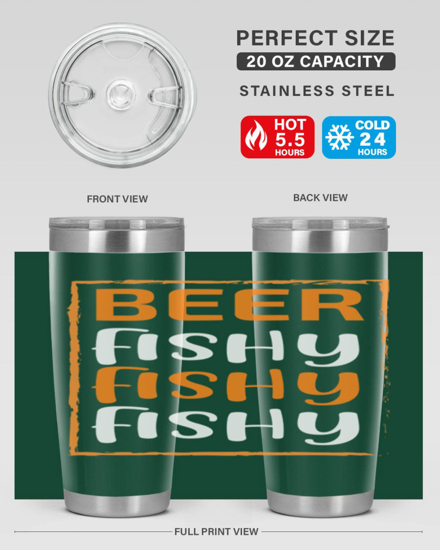 Beer Fishy Fishy Fishy 152# Tumbler, a double wall vacuum stainless steel tumbler with a drink-thru lid, perfect for hot and cold beverages.