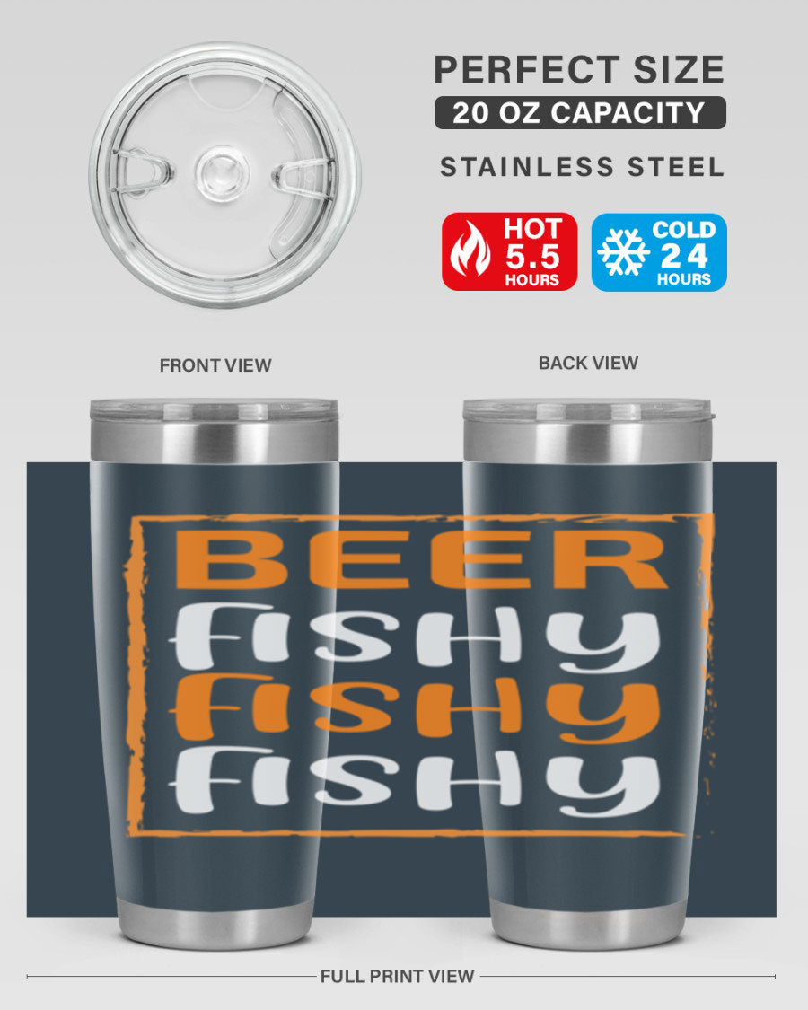 Beer Fishy Fishy Fishy 152# Tumbler, a double wall vacuum stainless steel tumbler with a drink-thru lid, perfect for hot and cold beverages.