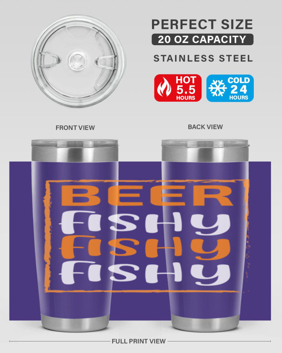 Beer Fishy Fishy Fishy 152# Tumbler, a double wall vacuum stainless steel tumbler with a drink-thru lid, perfect for hot and cold beverages.