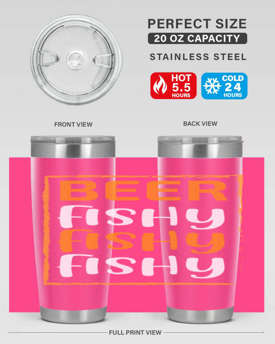 Beer Fishy Fishy Fishy 152# Tumbler, a double wall vacuum stainless steel tumbler with a drink-thru lid, perfect for hot and cold beverages.