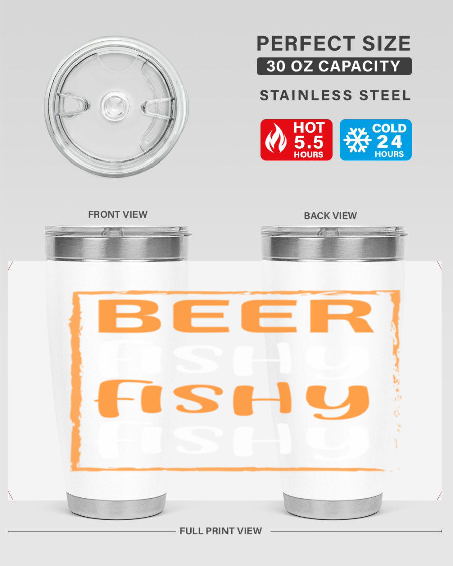 Beer Fishy Fishy Fishy 152# Tumbler, a double wall vacuum stainless steel tumbler with a drink-thru lid, perfect for hot and cold beverages.