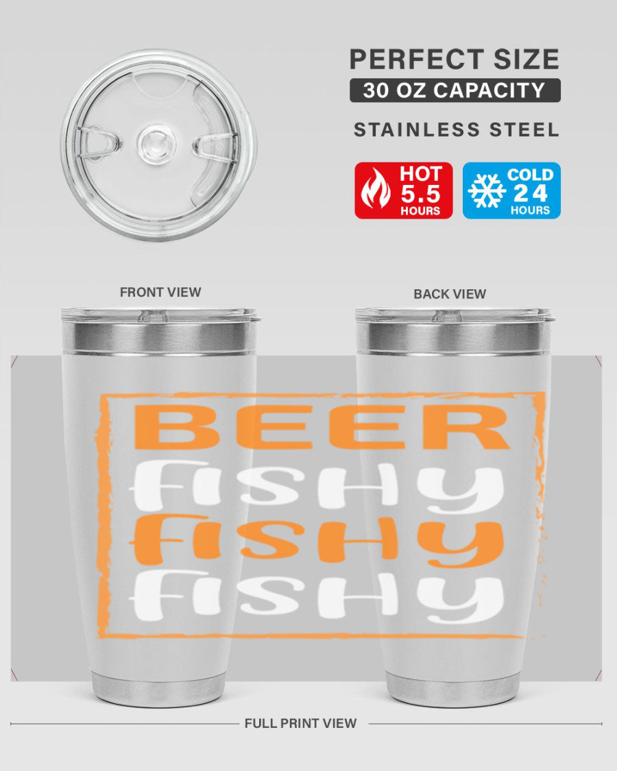 Beer Fishy Fishy Fishy 152# Tumbler, a double wall vacuum stainless steel tumbler with a drink-thru lid, perfect for hot and cold beverages.