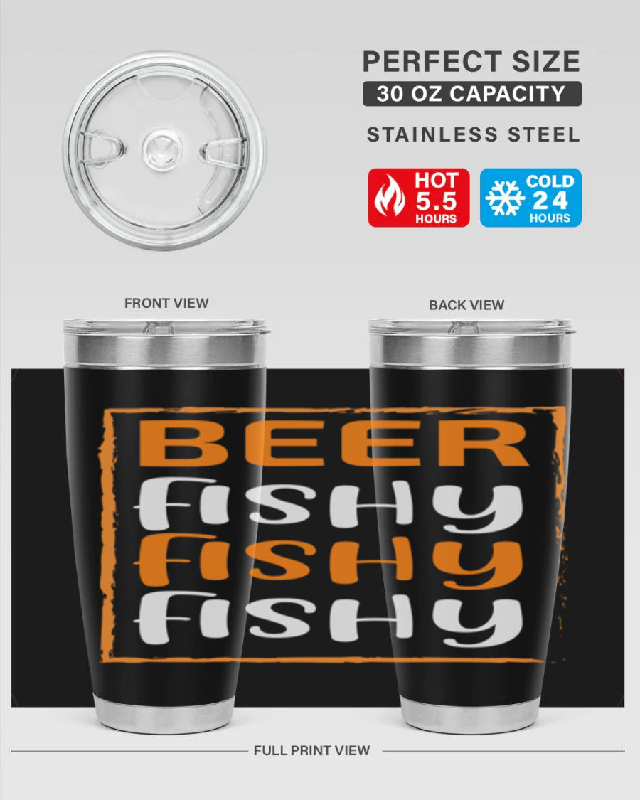 Beer Fishy Fishy Fishy 152# Tumbler, a double wall vacuum stainless steel tumbler with a drink-thru lid, perfect for hot and cold beverages.