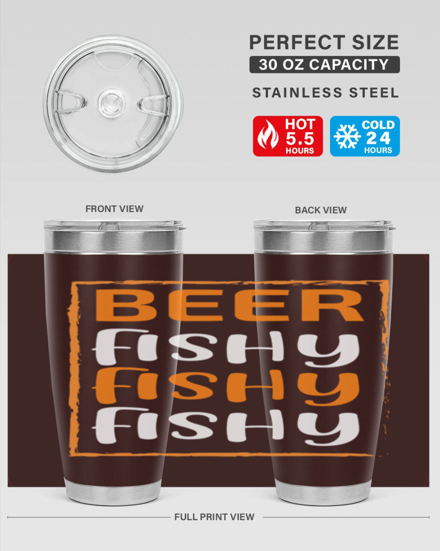 Beer Fishy Fishy Fishy 152# Tumbler, a double wall vacuum stainless steel tumbler with a drink-thru lid, perfect for hot and cold beverages.