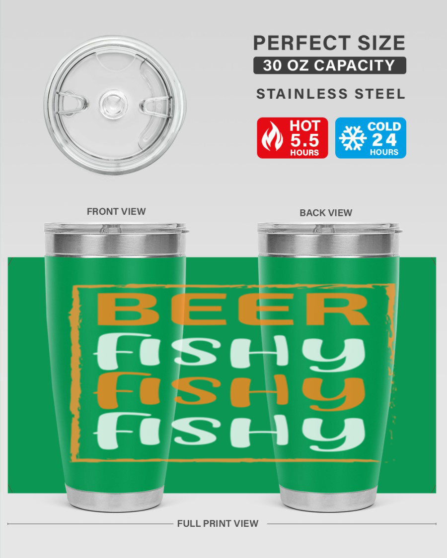 Beer Fishy Fishy Fishy 152# Tumbler, a double wall vacuum stainless steel tumbler with a drink-thru lid, perfect for hot and cold beverages.