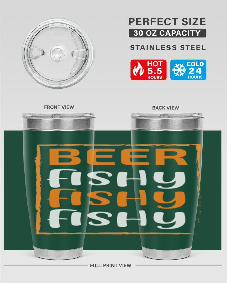 Beer Fishy Fishy Fishy 152# Tumbler, a double wall vacuum stainless steel tumbler with a drink-thru lid, perfect for hot and cold beverages.