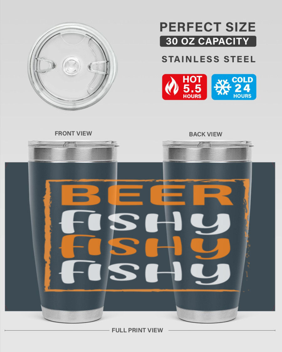 Beer Fishy Fishy Fishy 152# Tumbler, a double wall vacuum stainless steel tumbler with a drink-thru lid, perfect for hot and cold beverages.