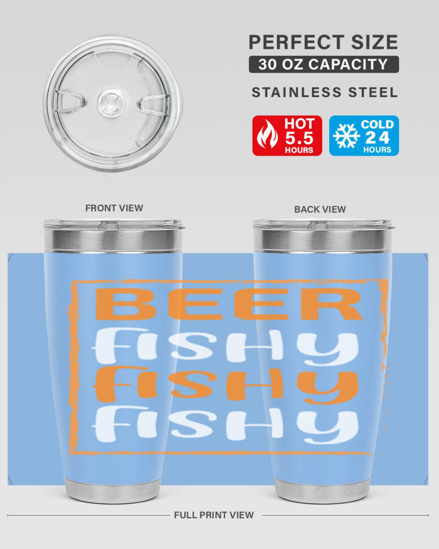 Beer Fishy Fishy Fishy 152# Tumbler, a double wall vacuum stainless steel tumbler with a drink-thru lid, perfect for hot and cold beverages.