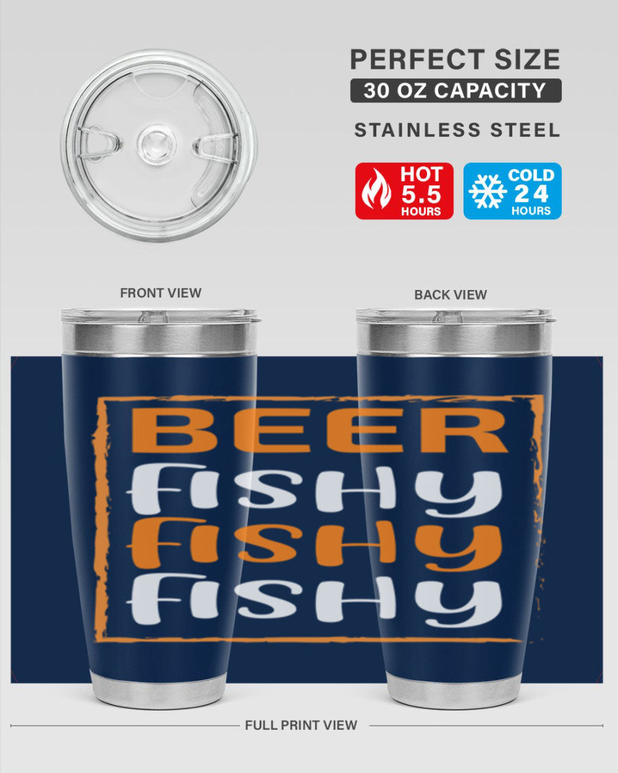 Beer Fishy Fishy Fishy 152# Tumbler, a double wall vacuum stainless steel tumbler with a drink-thru lid, perfect for hot and cold beverages.