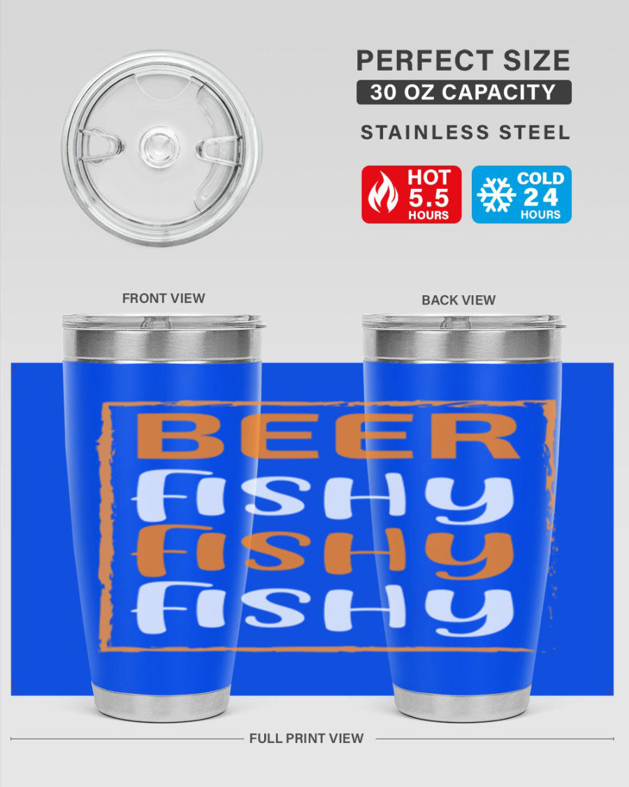 Beer Fishy Fishy Fishy 152# Tumbler, a double wall vacuum stainless steel tumbler with a drink-thru lid, perfect for hot and cold beverages.