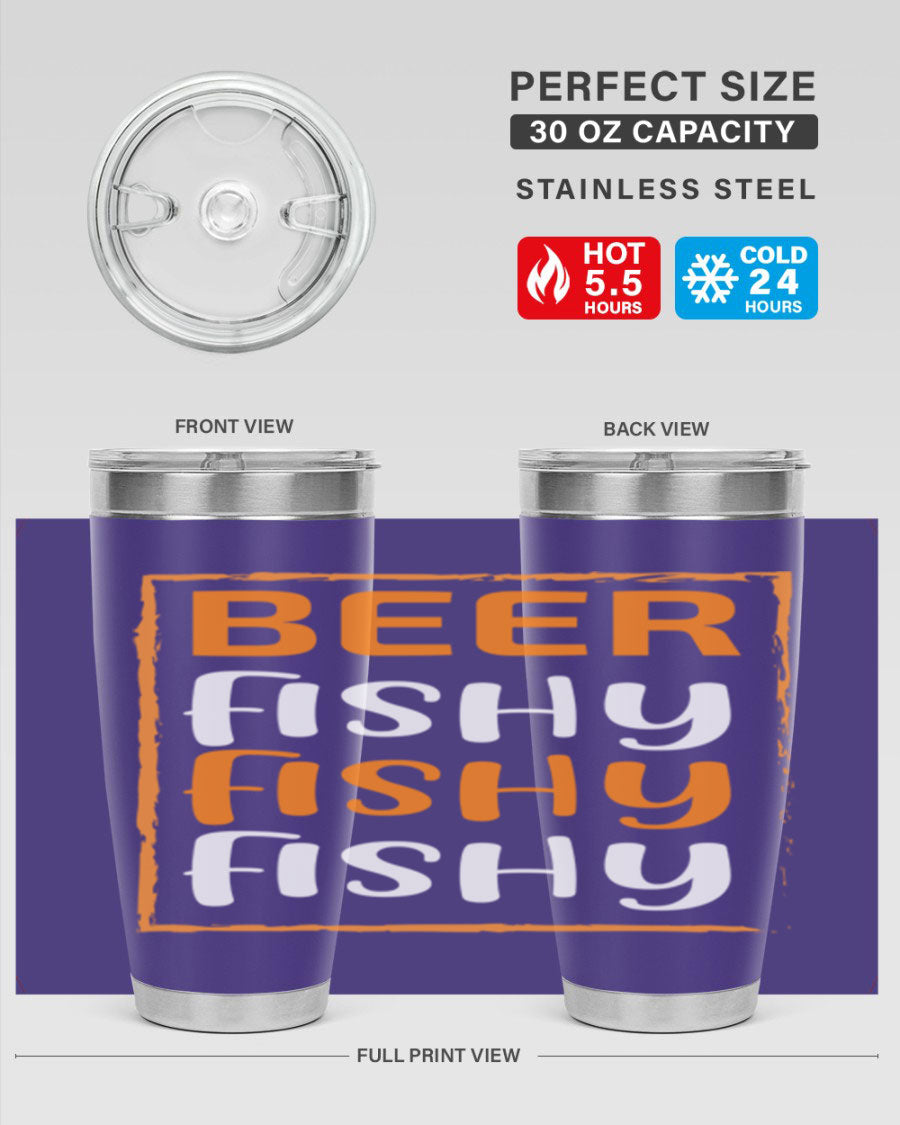 Beer Fishy Fishy Fishy 152# Tumbler, a double wall vacuum stainless steel tumbler with a drink-thru lid, perfect for hot and cold beverages.