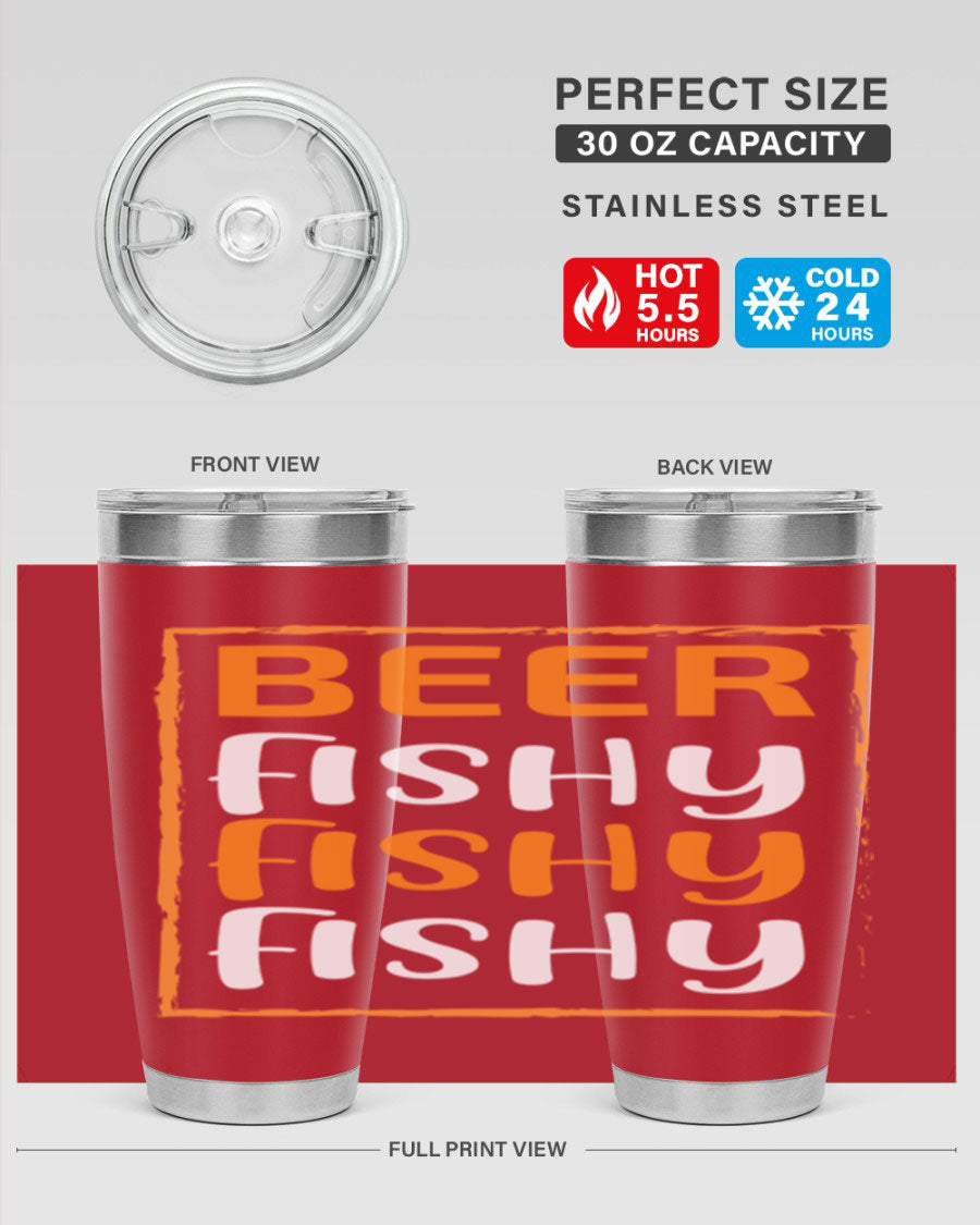 Beer Fishy Fishy Fishy 152# Tumbler, a double wall vacuum stainless steel tumbler with a drink-thru lid, perfect for hot and cold beverages.