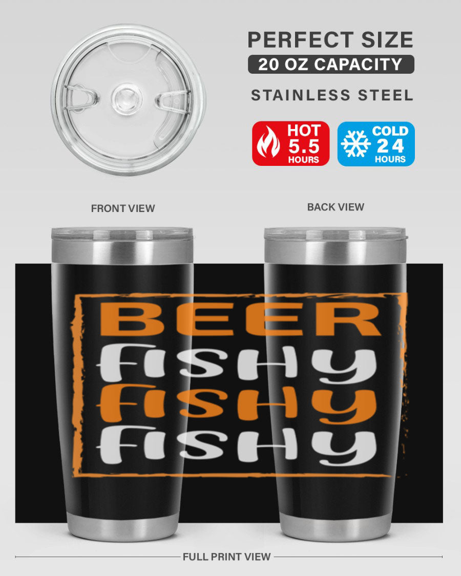 Beer Fishy Fishy Fishy 152# Tumbler, a double wall vacuum stainless steel tumbler with a drink-thru lid, perfect for hot and cold beverages.
