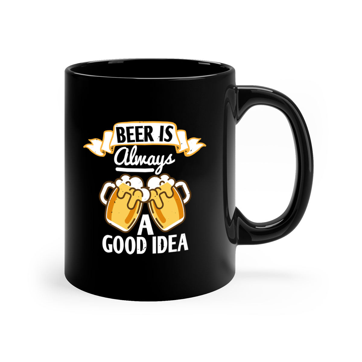A stylish two-tone ceramic mug with the phrase 'Beer is Always a Good Idea', featuring a colored handle and glossy finish.