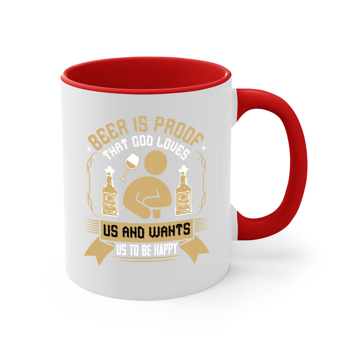 A stylish two-tone ceramic mug with a colored handle and interior, featuring the phrase 'Beer is Proof that God Loves Us and Wants Us to Be Happy 23#'.